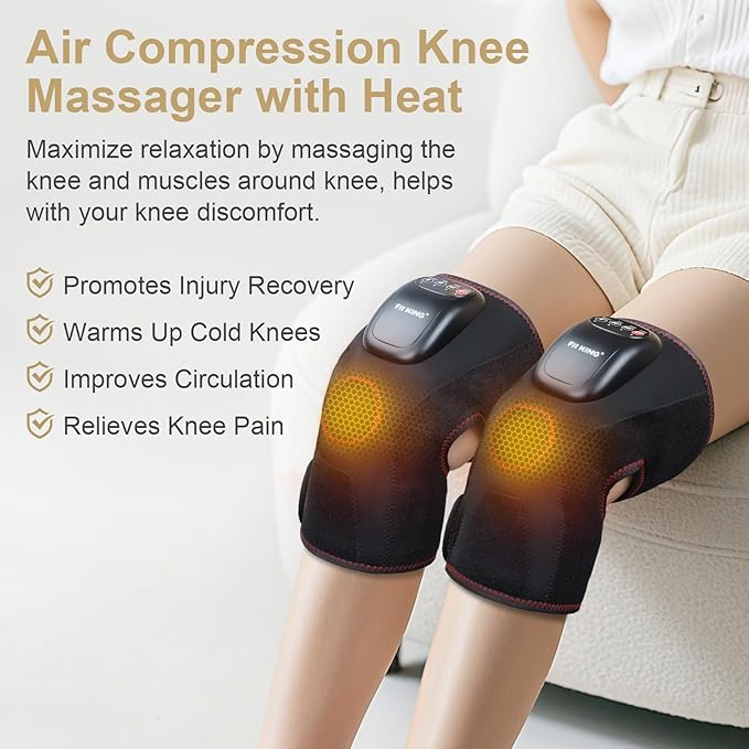 FIT KING Air Compression Knee Massager Heated Knee Brace Wrap with 3 Modes and 3 Intensities Shiatsu-Like Massage for Pain Relief Ideal Gifts for Men Women (Pair)