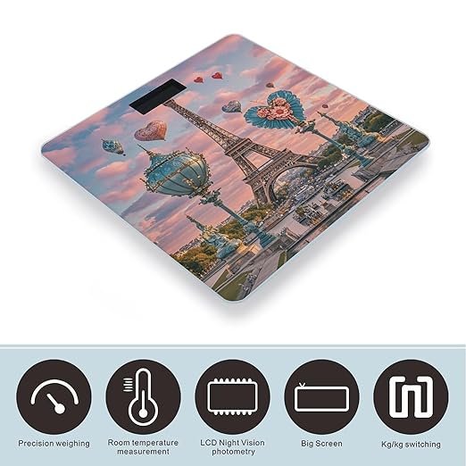 Romantic Paris Eiffel Tower 2 Bathroom Scale for Body Weight Bathroom Weighing Scales with Back Lit LED Display Sturdy Tempered Glass Body Weight Bathroom Scale 400lb Weighing