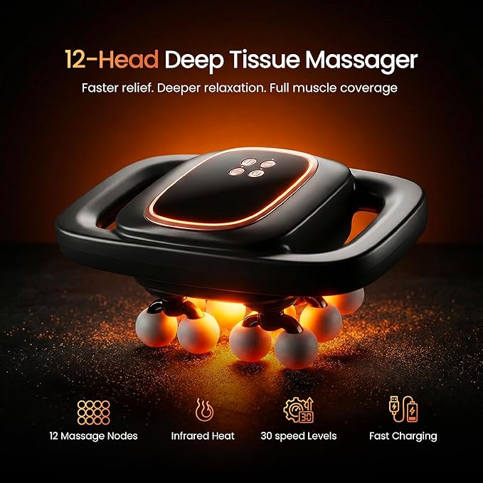 BENEVIA Deep Tissue Massage Gun - Percussion Massager for Muscle Recovery - Handheld Back Neck &amp Shoulder Massager with 30 Speeds and 12 Heads