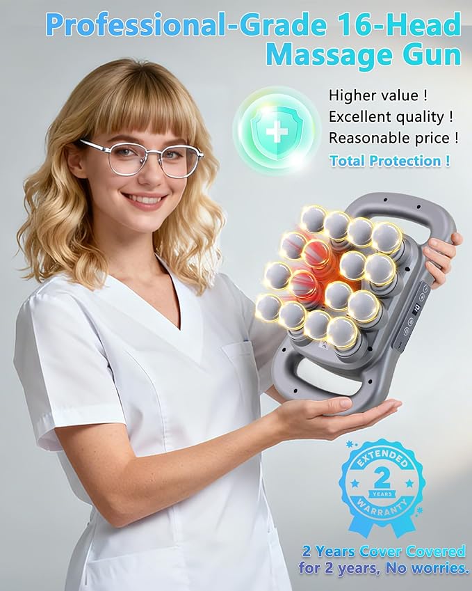 16-Head Massage Gun Deep Tissue Percussion Massager with 9 Modes &amp 9 Intensities 2600mAh Battery Back Bassager for Pain Relief Deep Tissue for Muscle Pain Relief in Back Legs Shoulders