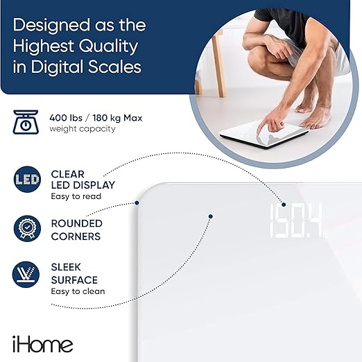 iHome Digital Scale Bathroom Scale Batteries Included Scale Body Weight Weight Scale Digital Scale Bathroom Scales for Weight Digital Scales for Body Weight (White)