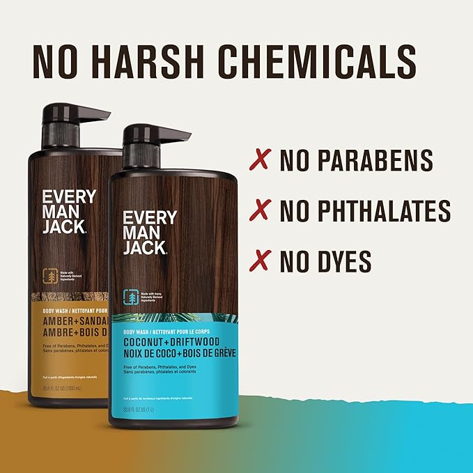 Every Man Jack Coconut + Driftwood &amp Amber + Sandalwood Mens Body Wash for All Skin Types - Cleanse Hydrate and Smell Great - Free of Parabens Phtalates and Dyes - 33.8 fl oz (2 Pack)