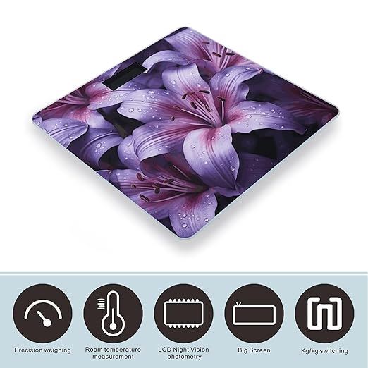 Purple Lily Flowers Scale for Body Weight Anti-Slip Digital Bathroom Scale Sturdy Toughened Glass Weighing Scales High Precision Safe Rounded Corners Smart Scales