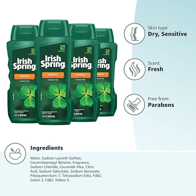 Irish Spring Original Body Wash for Men - 18 Fl Oz (Pack of 4)