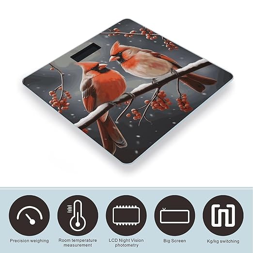 Cute Cardinal Birds Scale for Body Weight Highly Accurate Digital Bathroom Electronic Weighing Machine for People LCD Display Large Size Tempered Glass for Safe Home Use
