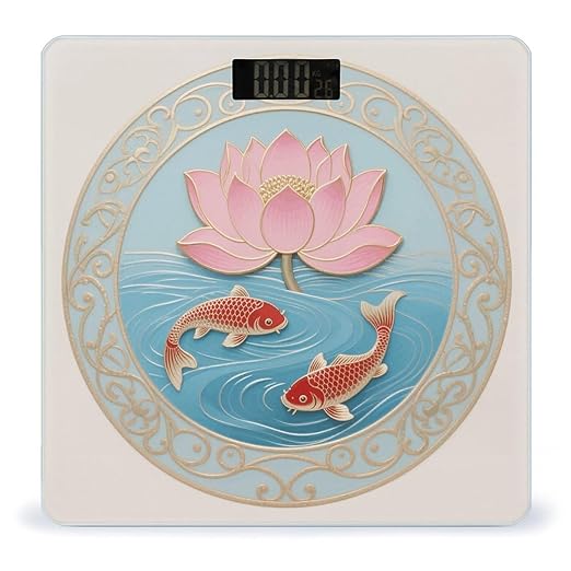 Goldfish and Lotus Mural Pattern Scale for Body Weight Sturdy Tempered Glass Weighing Scales with LCD Display Accurate Digital Bathroom Scale Convenient Body Fat Smart Scales Easy Read