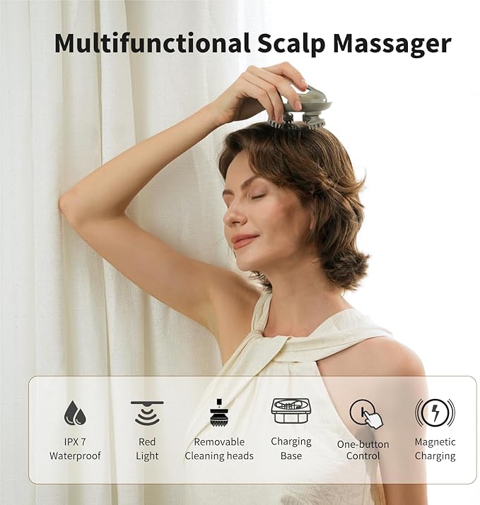 Breo Portable Mini Scalp Massager – IPX7 Waterproof Rechargeable Head Massager for Scalp Relax Stress Relief Tool with Bamboo Wood Charging Base Removable Massage Nodes (Silver with Base)