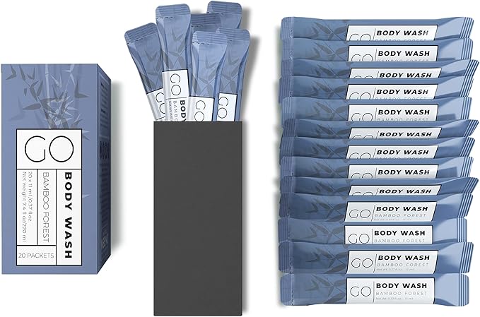 Go Essentials Travel Mouthwash and Travel Body Wash Bundle. Contains 20 Single Unit Packets of Each. Great for Airbnb Trips spas Hotels Resorts Gift Baskets.