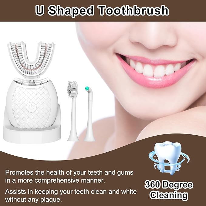 Electric U Shaped Toothbrush for Adult360 Degree Automatic Cleaning Ultrasonic Tooth Brush has 23760 Nylon Bristles and 3 Modes Standard Fast Ultra Fast(White)