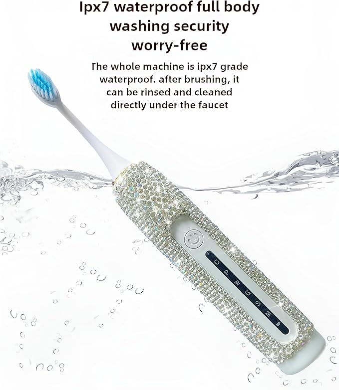 Electric Toothbrush for Woman Bling Diamond Decor Portable Travel Essentials for Couple Gifts Toothbrush with 3 Replacement Heads 6 Modes（Silver &amp Pink