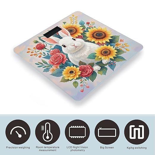Watercolor Rabbit and Flowers Bathroom Scale for Body Weight Bathroom Weighing Scales with Back Lit LED Display Sturdy Tempered Glass Body Weight Bathroom Scale 400lb Weighing