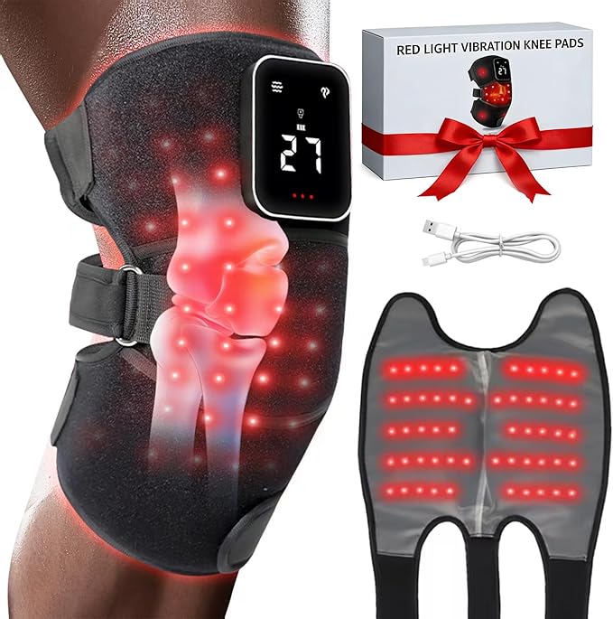 Red Light Therapy Vibration Knee Massager Vibration &amp Heat - 5 Massage Zones 660nm &amp 850nm Wavelengths Rechargeable Heating Pad Knee Wrap Gift for Men and Women