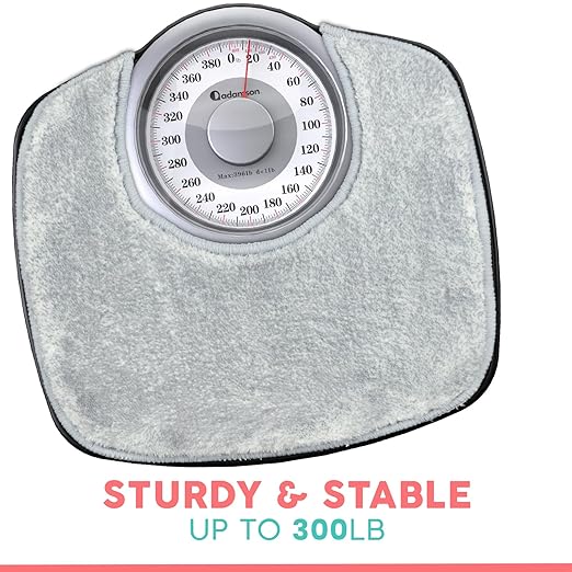 Adamson A25 Scales for Body Weight - Up to 400 LB - New - 5.3 Dial on 12.4 x 10.2 Platform - Anti-Skid Rubber Surface - Bathroom Scale Analog - Durable with 20-Year Assurance - w/Rug - Grey