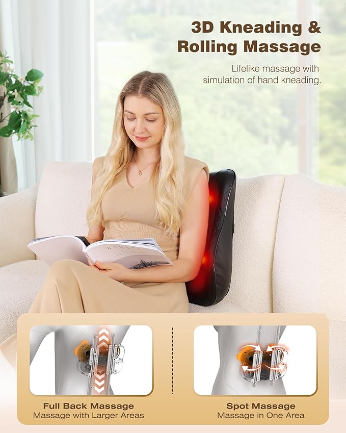 KINGJOY Back Massager for Pain Relief Deep Tissue Full Back Massager with Heat 3D Kneading Massage Pillow with 3 Intensities for Back Neck Shoulder Spot Massage Gifts for Women Man