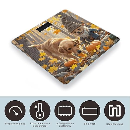 Dog and Maple Leaves Bathroom Scale for Body Weight Bathroom Weighing Scales with Back Lit LED Display Sturdy Tempered Glass Body Weight Bathroom Scale 400lb Weighing