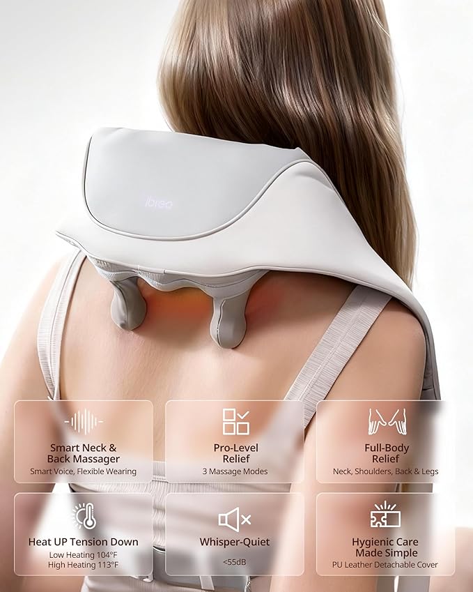 Cordless Shiatsu Neck and Back Massager with Heat 10 Mins x 12 Uses 3 Massage Modes &amp 2 Intensity Levels 3D Kneading Deep Tissue for Pain Relief Voice Prompt &amp Smart Memory Relax for Wome