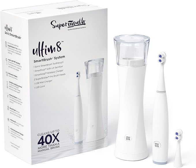 SuperMouth® ULTIM8 SmartBrush™ System -Electric Toothbrush Patented SuperBristles® Clean 40X Better UV Sanitizing &amp Drying SmartHub® Dual Sonic Modes Pressure Sensor -Teens &amp Adults -Pearl