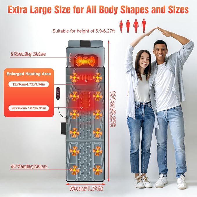 Full Body Massage Mat with Heat 12 Vibration Nodes Massage Chair Pad with 3 Heating Levels Multifunctional Full Body Flannel Seat Back Massager with Head Neck Foot Massage Pillow for Home Office