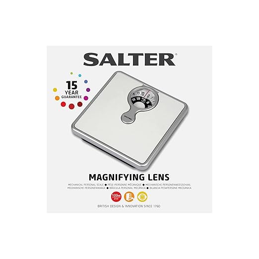 Salter 484 WHDR Mechanical Bathroom Scale – Premium Body Weight Scale Personal Analogue Scale Large Magnifying Lens 133 KG Max Capacity Monochrome Design No Batteries Required White