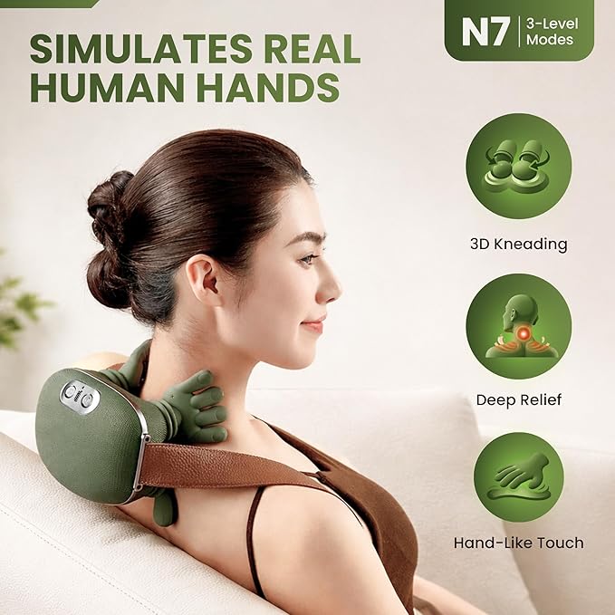 BeFit24 Neck Massager with Heat 4D Deep Tissue Shiatsu Neck Massage Machine for Pain Relief Electric Cervical Shoulder &amp Back Massager with Simulated Human Hand Kneading Muscle Relaxation (Gree