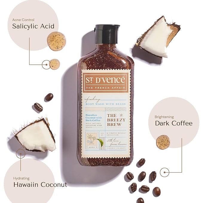 St. D’vence Breezy Brew Salicylic Acid Body Wash Shower Gel for Women &amp Men with Coffee &amp Coconut | Deep Cleansing Paraben &amp SLS Free | Body Wash for Summer - 300 ml