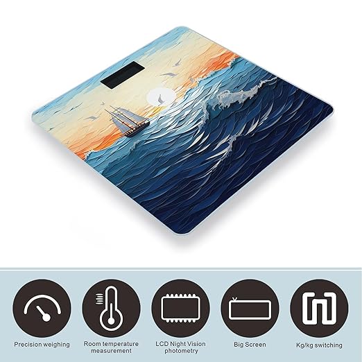 Ocean Waves Sailboat with Birds Maritime Bathroom Scale Large LCD Backlight Display Digital Scale Rounded Corners Body Scales Automatic Power On/Off Bathroom Scales for Home Bedrooms
