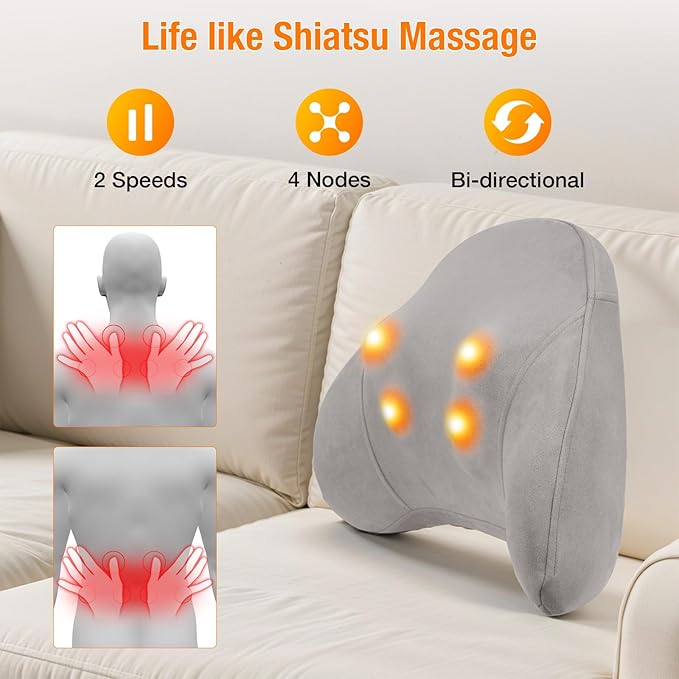 BIBIRE Shiatsu Back Massager with Heat - Deep Tissue Massage for Neck Shoulder &amp Lower Back Pain Relief - Rechargeable Portable Back Massager for Home Office Car