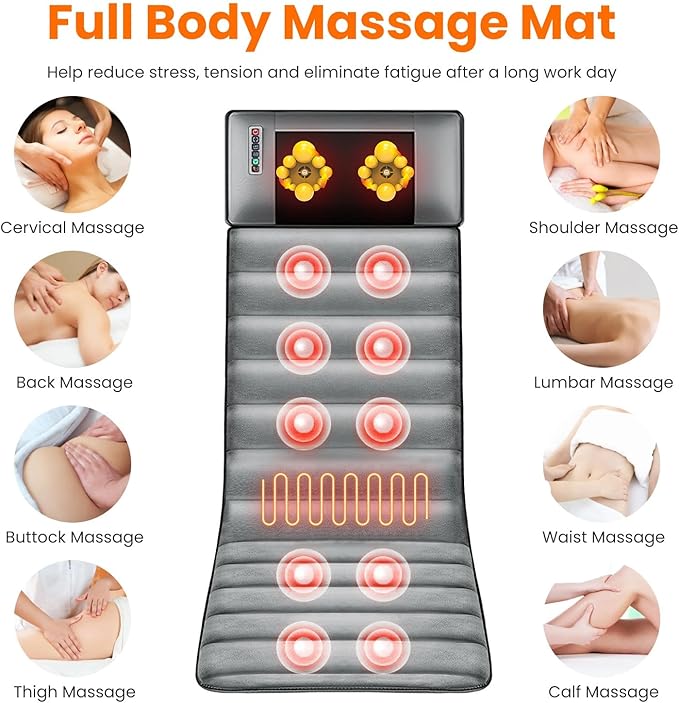 Full Body Massage Mat with Heat Electric Vibration Back Massage Pad with Shiatsu Detachable Neck Massage Pillow for Pain Relief 10 Vibration Motors 3 Heating Levels Gifts for Men Women