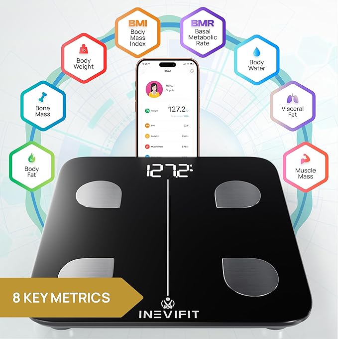 INEVIFIT Bathroom Scale &amp Digital Kitchen Scale Fitness Bundle Complete Body Composition and Nutrition Tracking Solution with Batteries Included