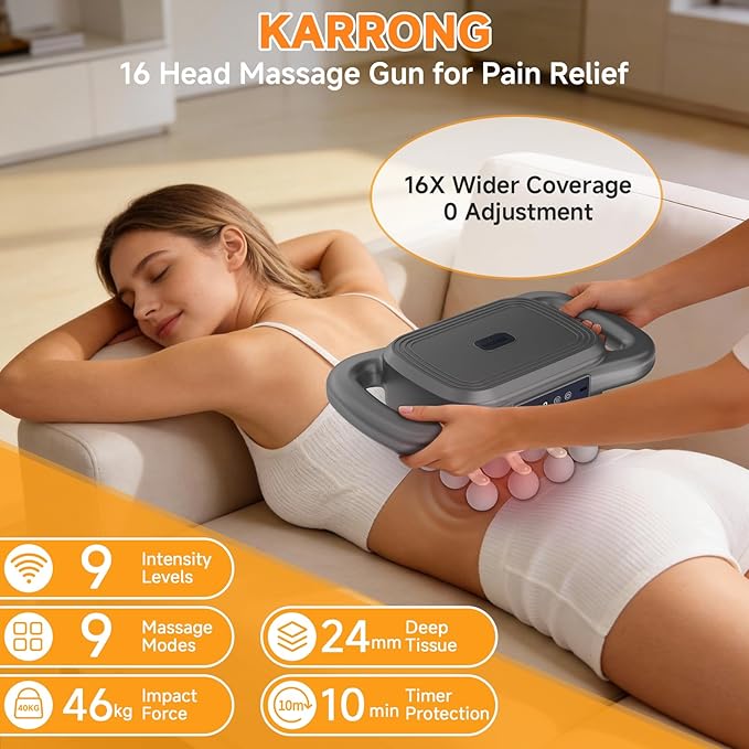 Karrong 16 Head Massage Gun Deep Tissue Electric Back Massager Tool Cordless Neck/Shoulder/Leg/Foot/Arm/Body Massager for Pain Relief 9 Levels &amp 9 Modes Gifts for Men/Women/Mom/Dad