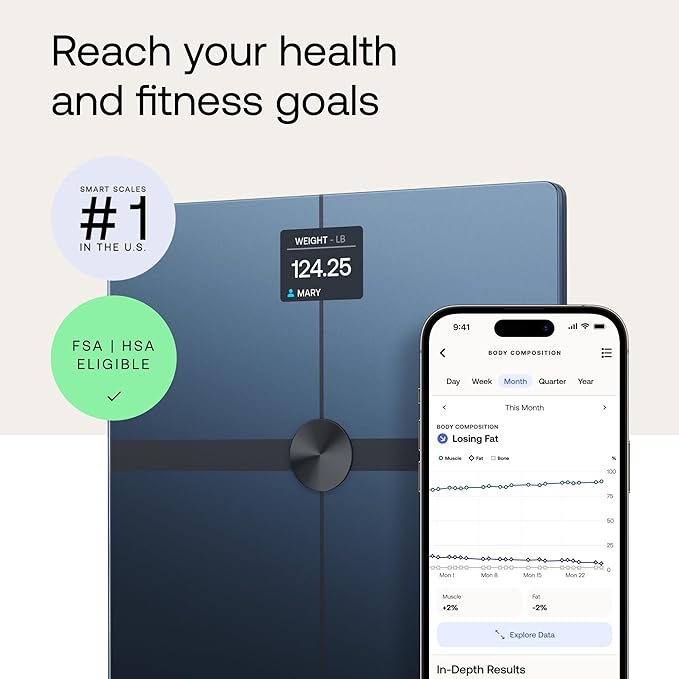 WITHINGS Body Smart - Accurate Scale for Body Weight and Fat Percentage Body Composition Wi-Fi and Bluetooth Weight Scale Baby Weight Scale Smart Scale Apple Health Compatible Bathroom Scale