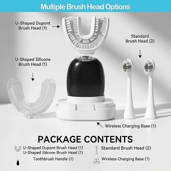 U Shaped Electric Toothbrush for Adults Rechargeable Electric Toothbrush with 360° U Brush Nylon Bristles 3 Brushing Modes IPX7 Waterproof Home &amp Travel Use