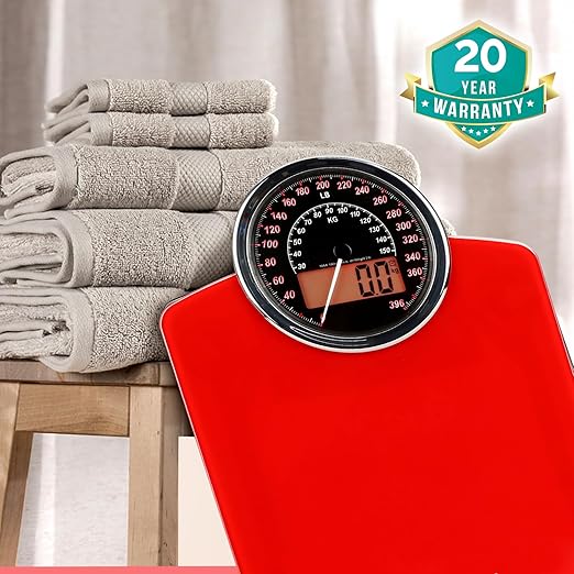 Adamson Hybrid 2-in-1 Analog &amp Digital Weighing Scale for Body Weight up to 400lbs - Thick Tempered Glass - Extra Large Display - Easy to Read Digital Bathroom Scale - New - Red
