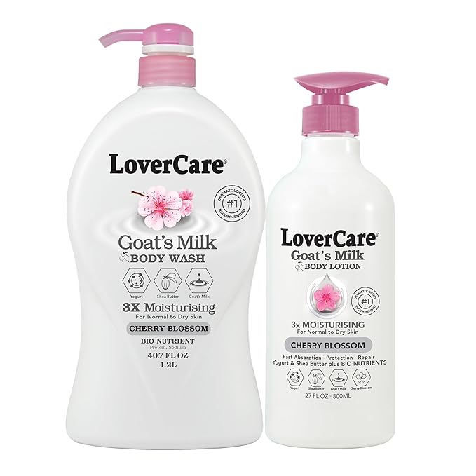 Combo Goat Milk Moisturizing Body Wash Shower Cream Cherry Blossom 40.7 fl oz Goat Milk Cherry Blossom Body Lotion 27 fl oz