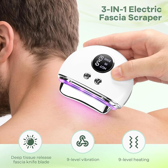 AFFLAT 3-in-1 Electric Fascia Knife with Heating and VibrationMuscle Scraper ToolGua Sha Facial Device9-Level Vibration4 Light Therapy Modes for Face &amp BodyPortable Cordless Design