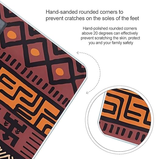African Mud Cloth Tribal Scale for Body Weight Anti-Slip Sturdy Tempered Glass Weighing Machine Highly Digital Accurate Bright LCD Bathroom Scale for Household Gift