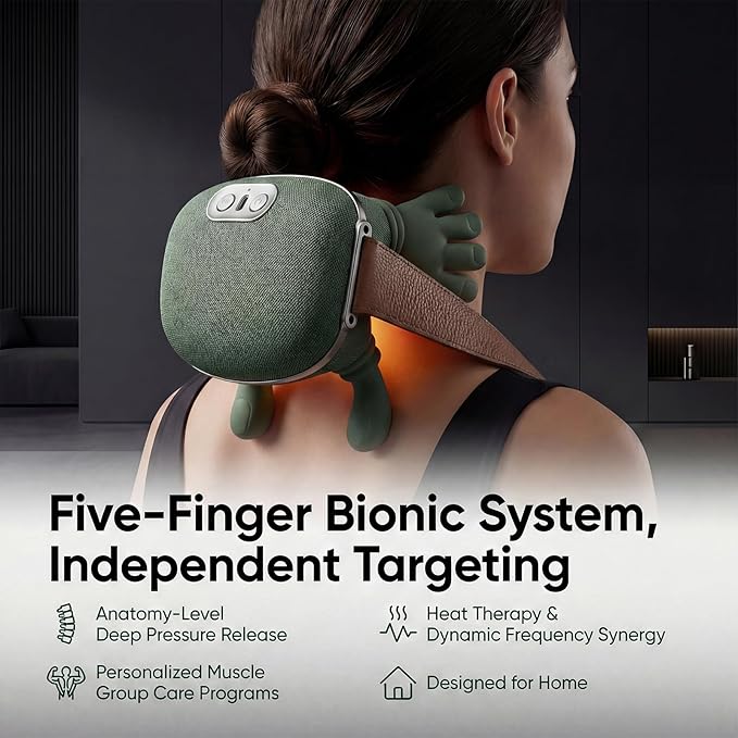 Neck Massager with Heat Portable Shoulder &amp Back Cordless Deep-Tissue Kneading Quiet Brushless Motor Adjustable Strap USB-C Rechargeable Non-Slip Grip Home/Office/Travel – Green