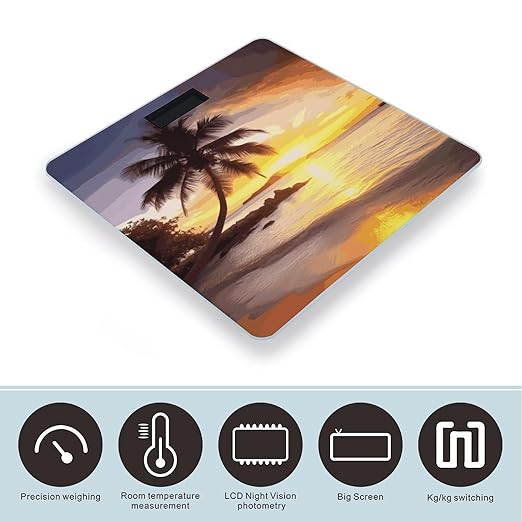 Sunrise Tropical Palm Tree Island Bathroom ScaleHighly Accurate Digital Weighing Machine for People Bright LED Display Weight Scale for The Aldult Home Use