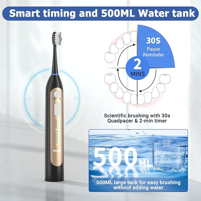 Electric Toothbrush with Water Flosser Upgrade Flossing Toothbrush Combo with 3 Brush 5 Floss Speeds&amp 3 Brush Modes 500mL Tank 30-Day Battery for Adults &amp Teens Gums Braces-Black