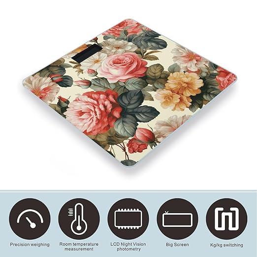 Vintage Floral Scale with LCD Easy-to-Read Anti-Slip Weight Digital Bathroom Scale Precision Weighing Scales Sturdy Tempered Glass Body Weight Scales for Daily Use