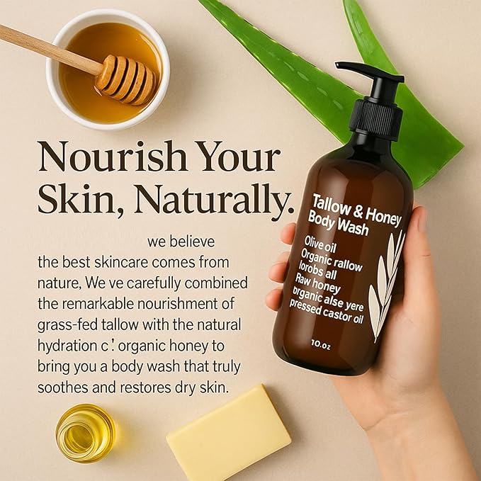 Tallow and Honey Body Wash Tallow Infused Body Wash with Organic Honey with Tallow Vitamin E &amp Aloe Grass-Fed Tallow - Soothes Dry for Men &amp Women - 10 Oz (1)
