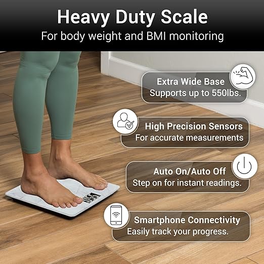 Vive Smart Body Weight Scale (550lbs Capacity) - Heavy Duty Bariatric Digital Scale for BMI - Plus Size Large Display - Bathroom Device for Health Extra Wide Base &amp Smartphone Connectivity