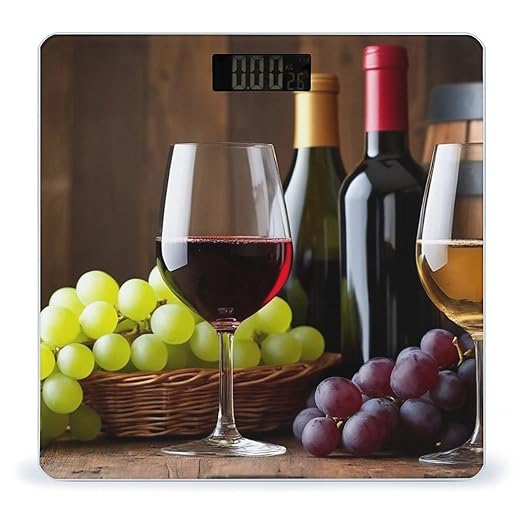 Women's Digital Bathroom Weighing Scale Automatic Switch Energy Saving Scale Smart Scale for Body Weight White Red Wine Glasses Grapes Wooden