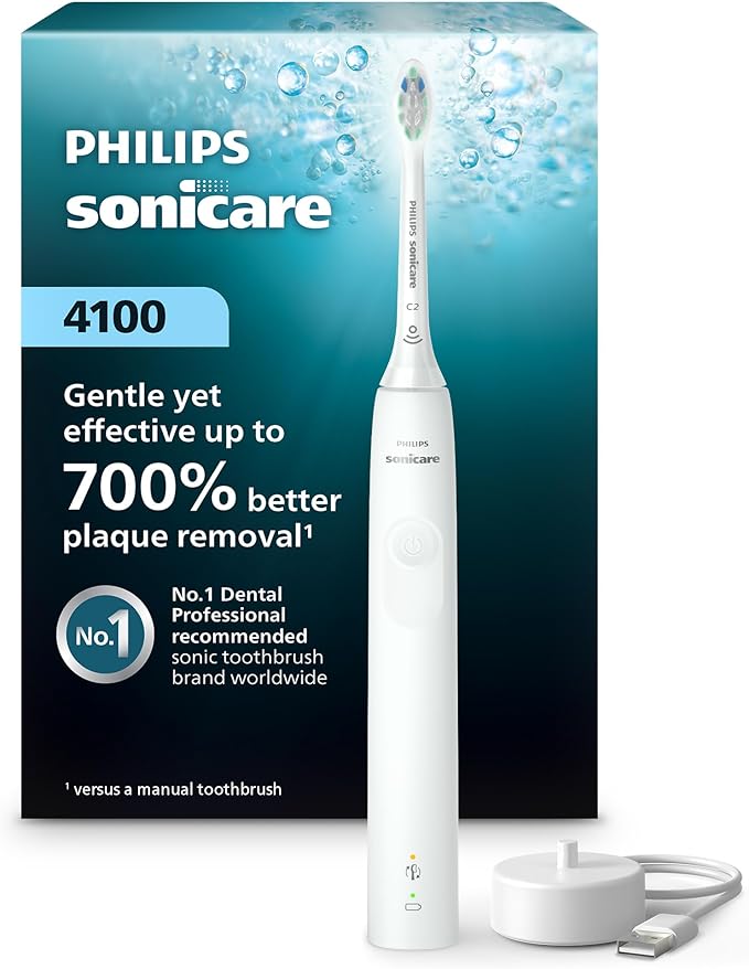 Philips Sonicare 4100 Series Electric Toothbrush - Sonic Toothbrush with Advanced Sonic Technology Pressure Sensor Two Intensity Settings Smartimer &amp Quadpacer White Model HX3681/23