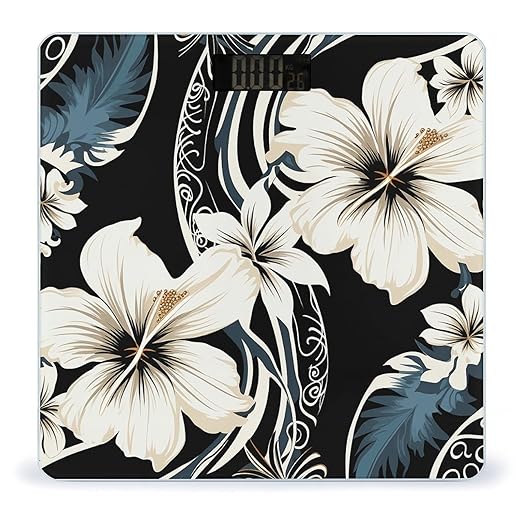 Black and White Hawaiian Flowers Bathroom Scale Rounded Smart Scale for Body Weight Automatic Power On/Off Weight Scales Accurate Bathroom Digital Scales for Pet Home Bedroom Kitchen
