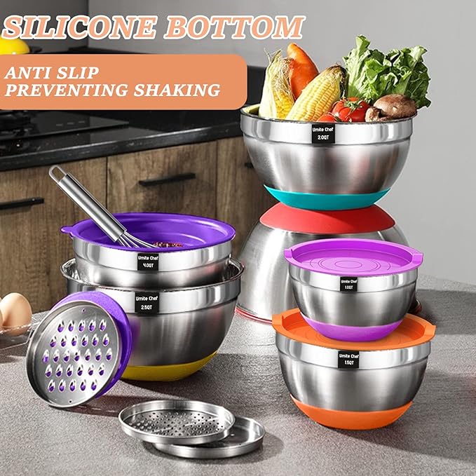 Umite Chef Mixing Bowls with Lids Set 26Pcs Colorful Stainless Steel Bowls Set Nesting Bowls with Grater Attachments Large Kitchen Bowls Set with Non-Slip Bottoms for Mixing &amp Serving