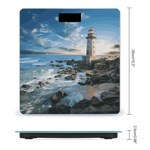 Beach Lighthouse Bathroom Scale for Body Weight Bathroom Digital Electronic Weighing Scale with Back Lit LED Display Sturdy Tempered Glass Weight Watchers Scales 400lb