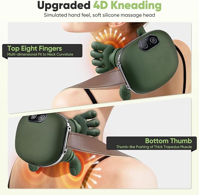 Neck Massager with Heat - Neck and Back Shiatsu Massager for Relieve Fatigue Deep Tissue Portable Neck and Shoulder Massager for Home and Travel Green
