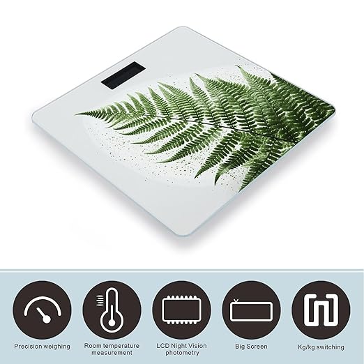 Natural Plant Silhouette Fern Leaf Scale for Body Weight Accurate Digital Bathroom Scale Toughened Glass High Precision Scales Smart Weight Scales with Large LCD Backlight Display Weighing Machine
