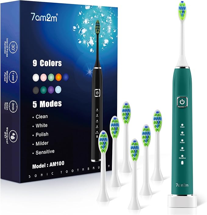 7AM2M Sonic Electric Toothbrush with 6 Brush Heads for Adults&ampKids One Charge for 120 Days Wireless Fast Charge 5 Modes 40000VPM Powered Toothbrush 2 Minutes Built in Smart Timer - Peacock Gr